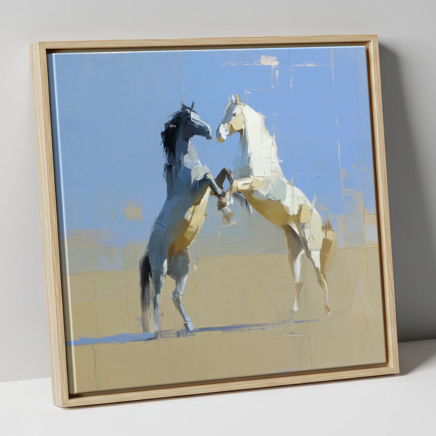 Sunlit Sparring wild horses canvas wall art in natural frame