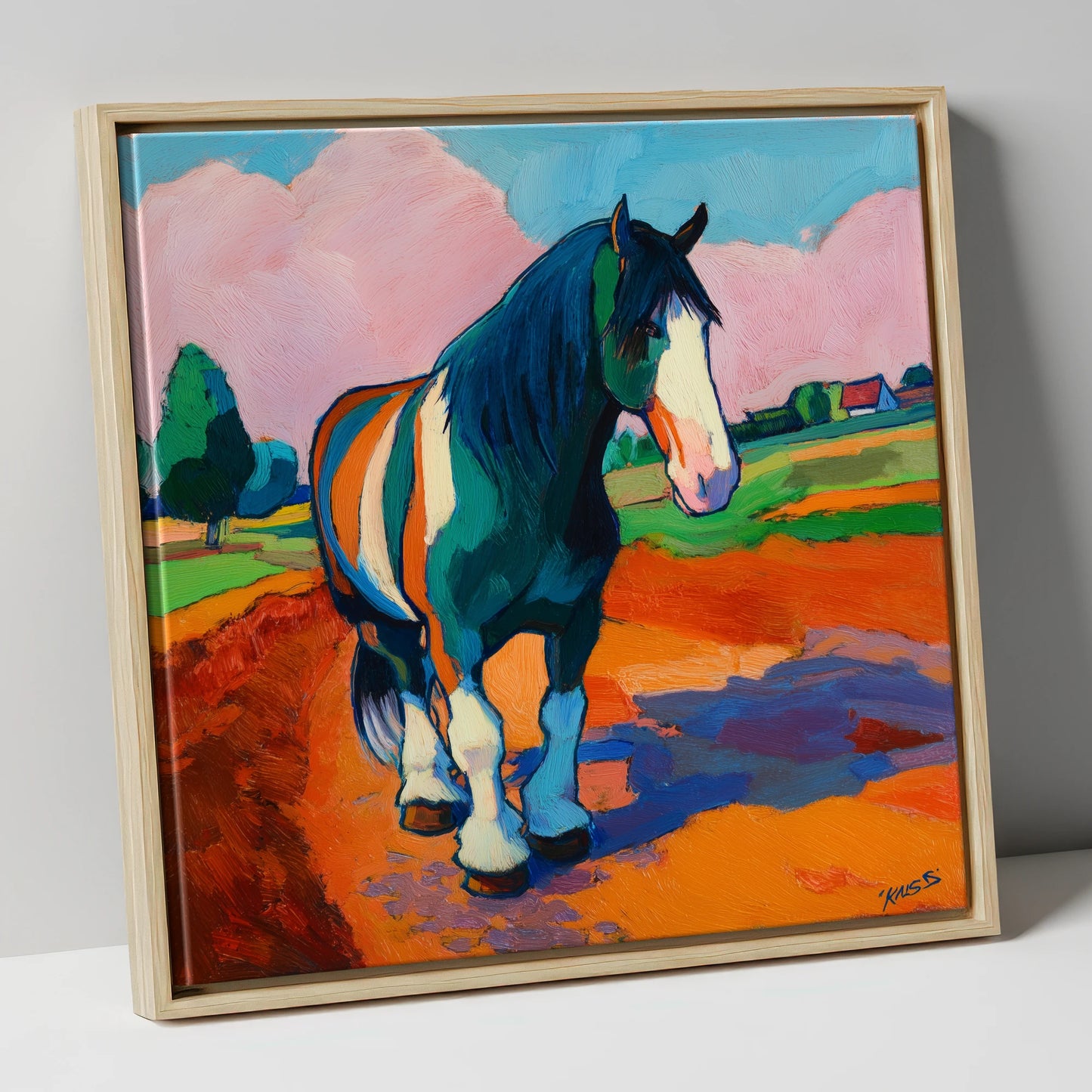 Vibrant Coloured Cob horse breed canvas wall art in natural frame
