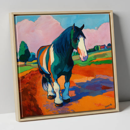 Vibrant Coloured Cob horse breed canvas wall art in natural frame