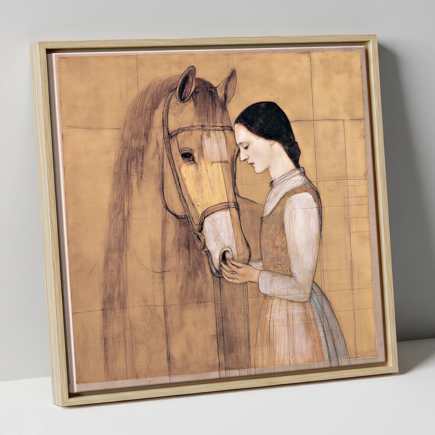 Quiet Connection horse & rider canvas wall art in natural frame