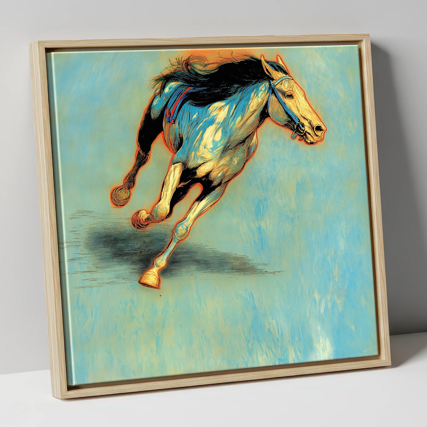 Cerulean Sprint racing horse canvas wall art in natural frame