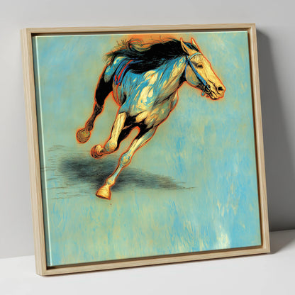 Cerulean Sprint racing horse canvas wall art in natural frame