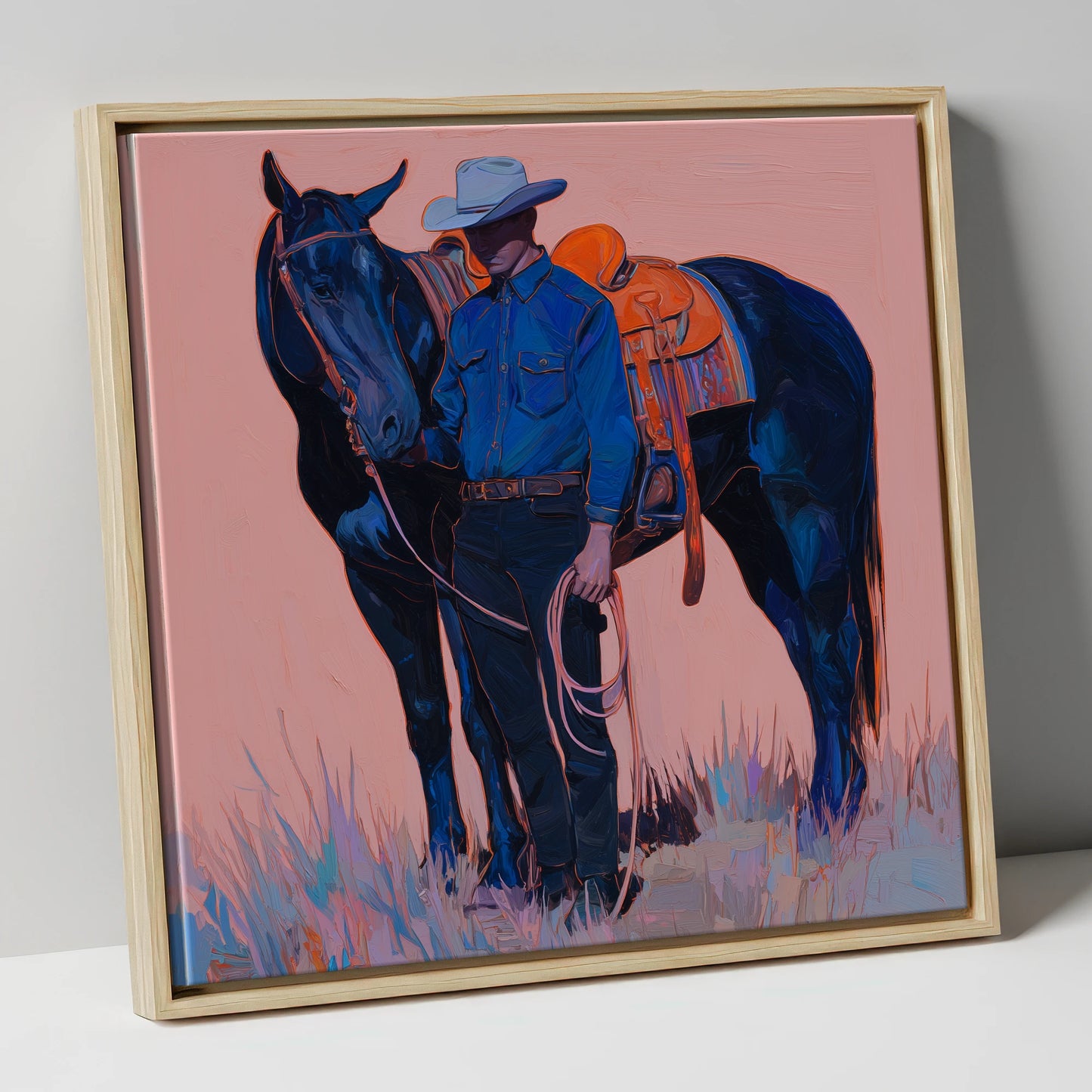 The Indigo Horseman western horse canvas wall art in natural frame