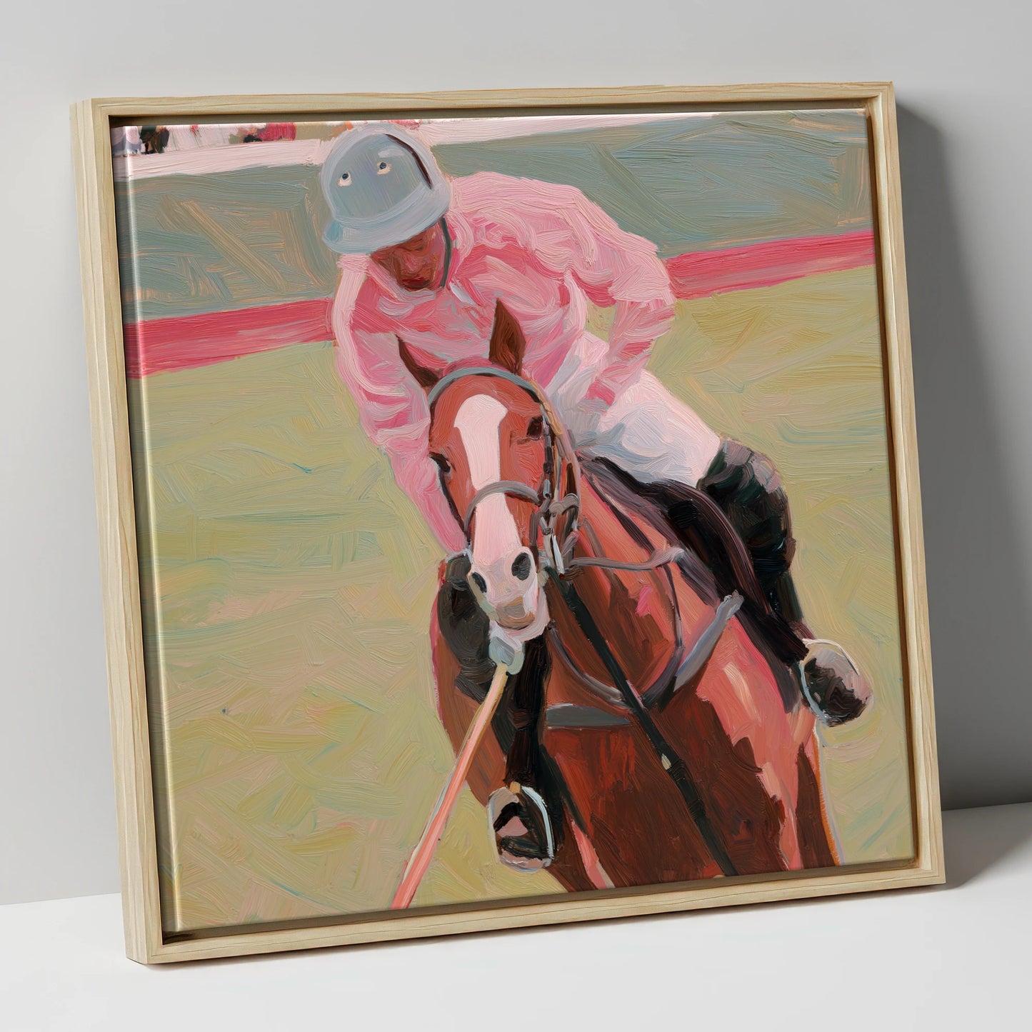 Dusty Pink Pursuit polo horse canvas wall art in natural frame