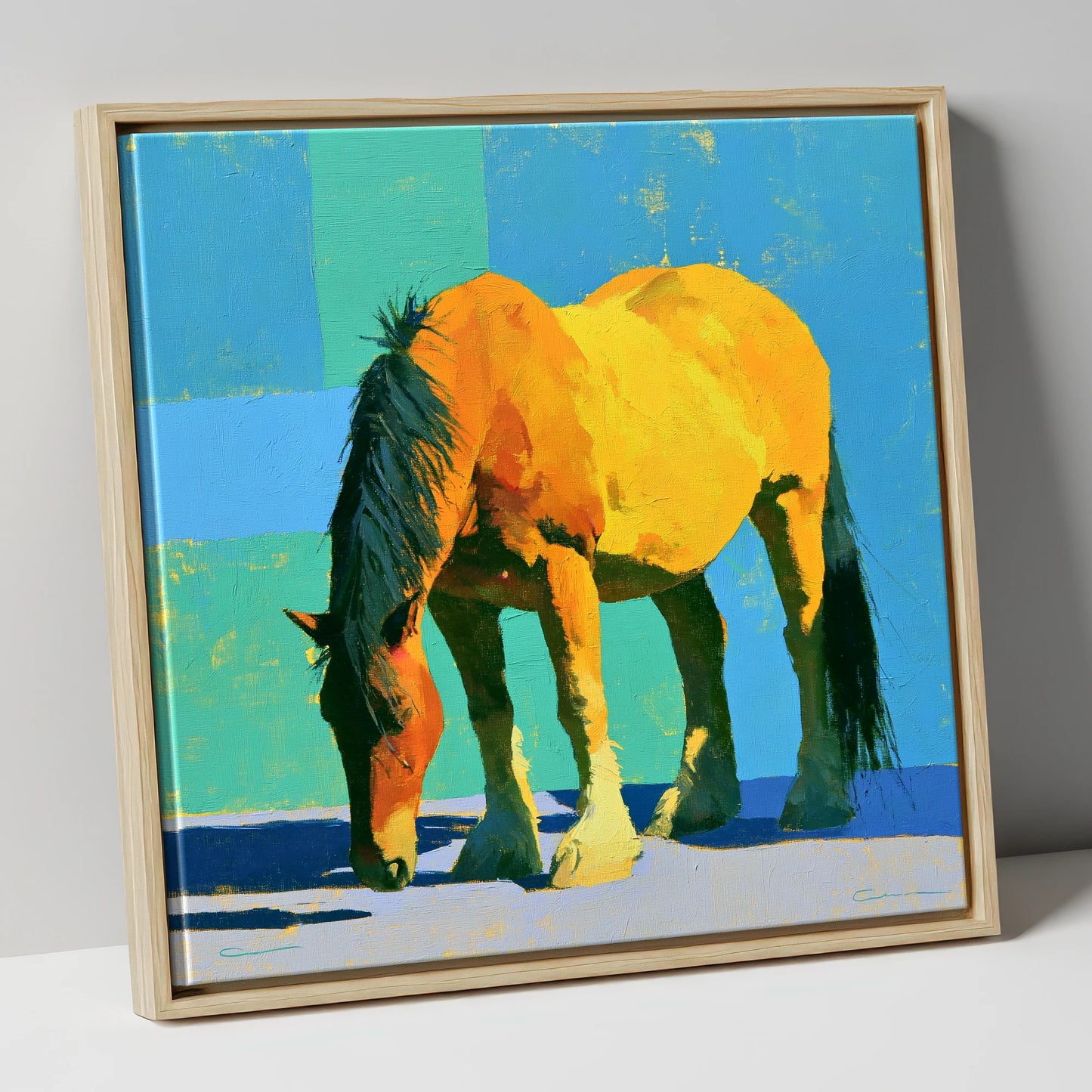 Vibrant Yellow Grazing Cob horse breed canvas wall art in natural frame