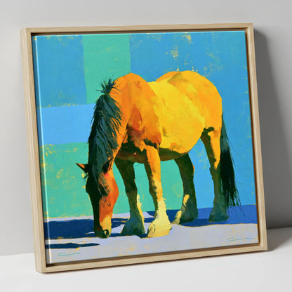 Vibrant Yellow Grazing Cob horse breed canvas wall art in natural frame