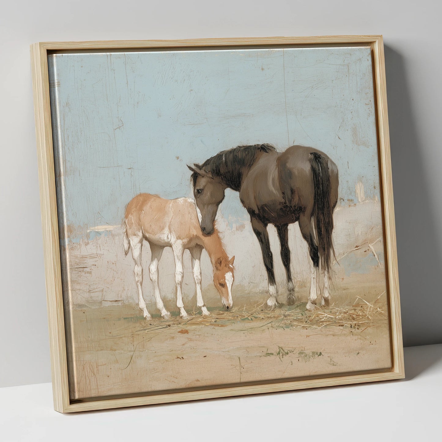 A Quiet Bond mare & foal canvas wall art in natural frame