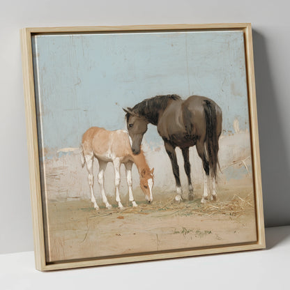 A Quiet Bond mare & foal canvas wall art in natural frame