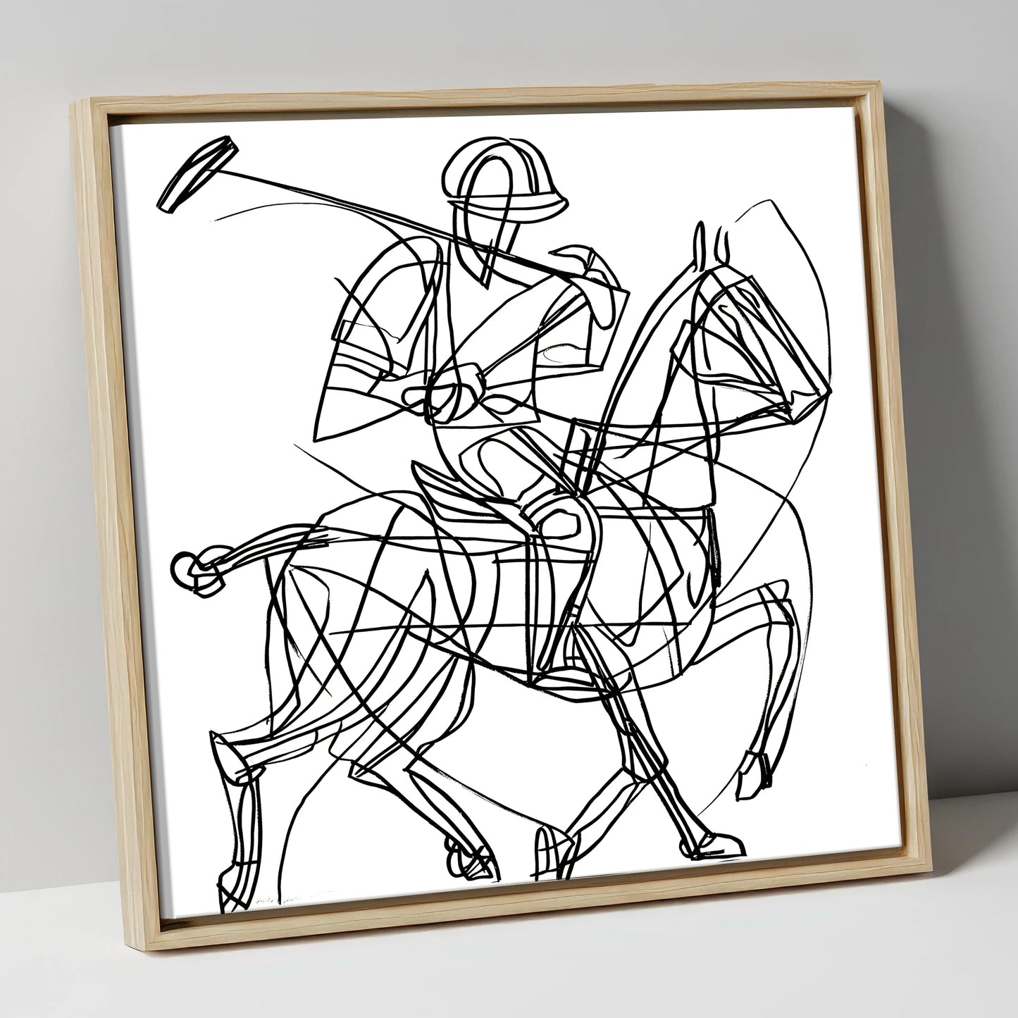Linear Polo Strike polo horse canvas wall art in natural frame