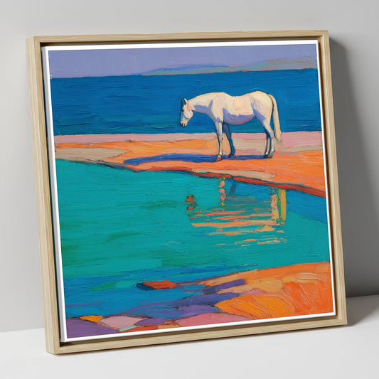 Turquoise Tide Reflections beach horse canvas wall art in natural frame