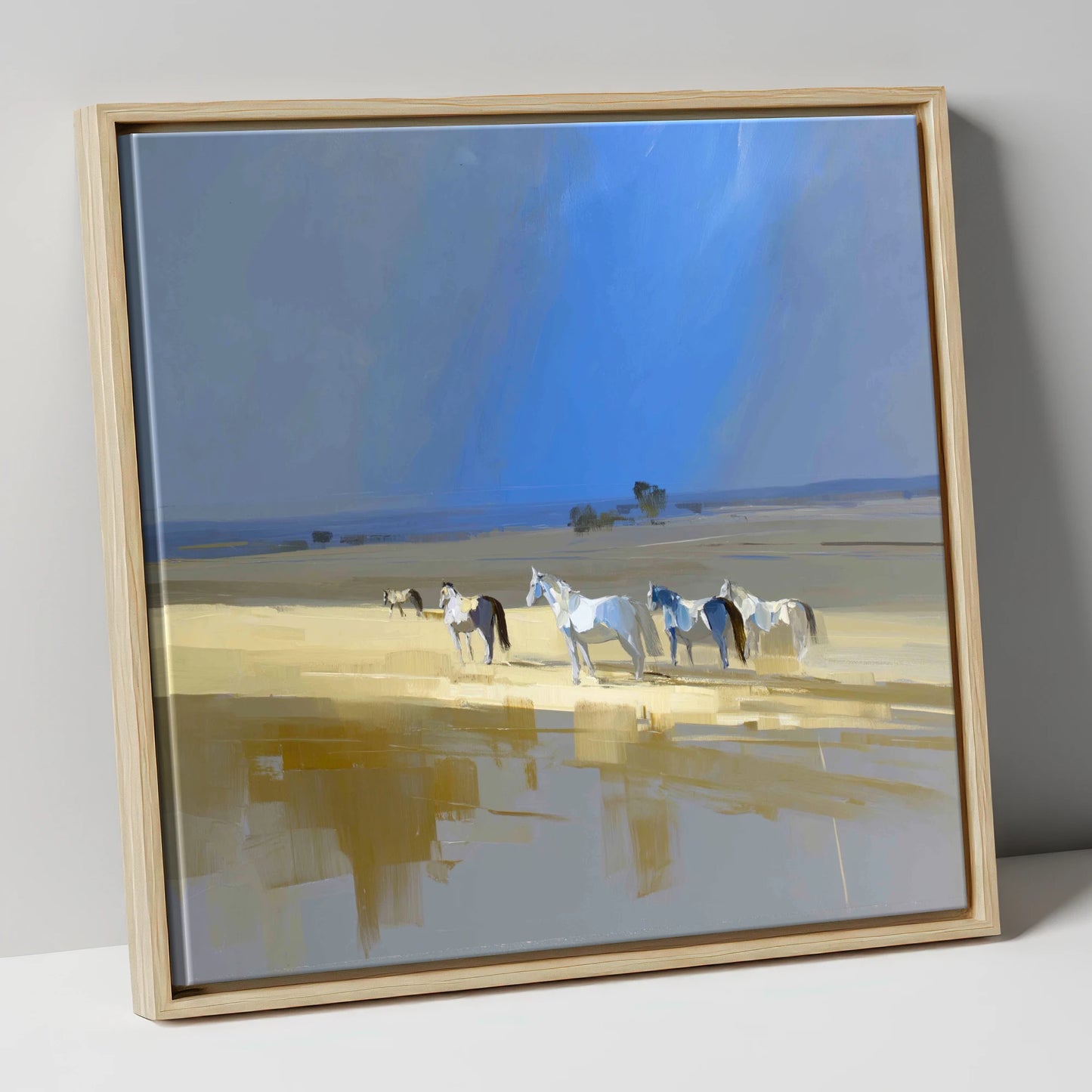 Sunlit Shallows horse landscape canvas wall art in natural frame