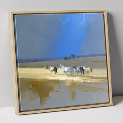 Sunlit Shallows horse landscape canvas wall art in natural frame