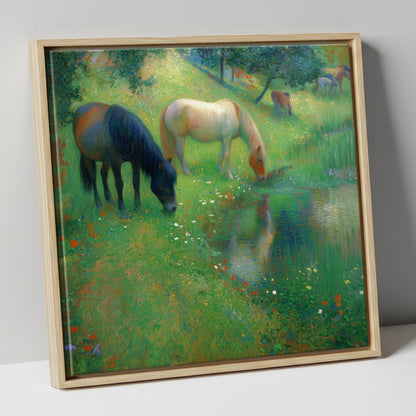 Tranquil Water Meadow horse landscape canvas wall art in natural frame