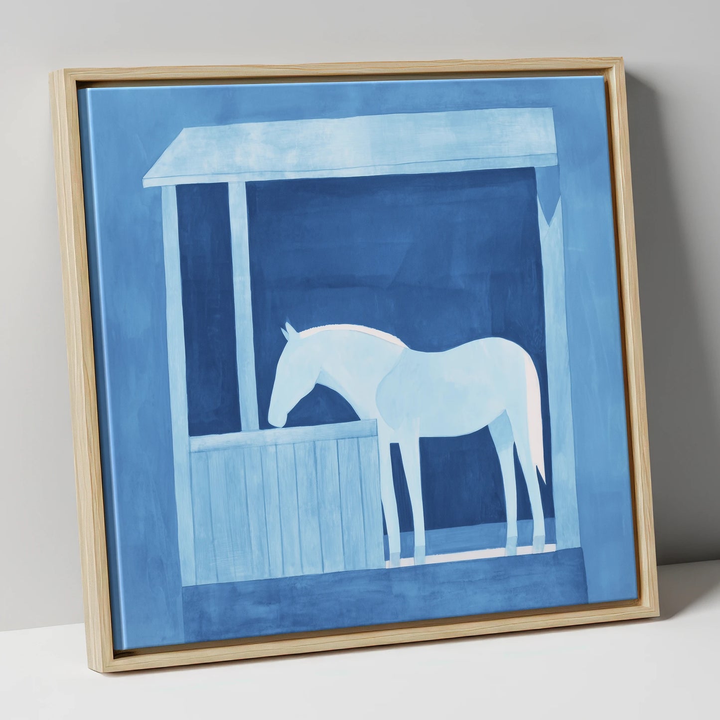 Indigo Solitude horse stable canvas wall art in natural frame