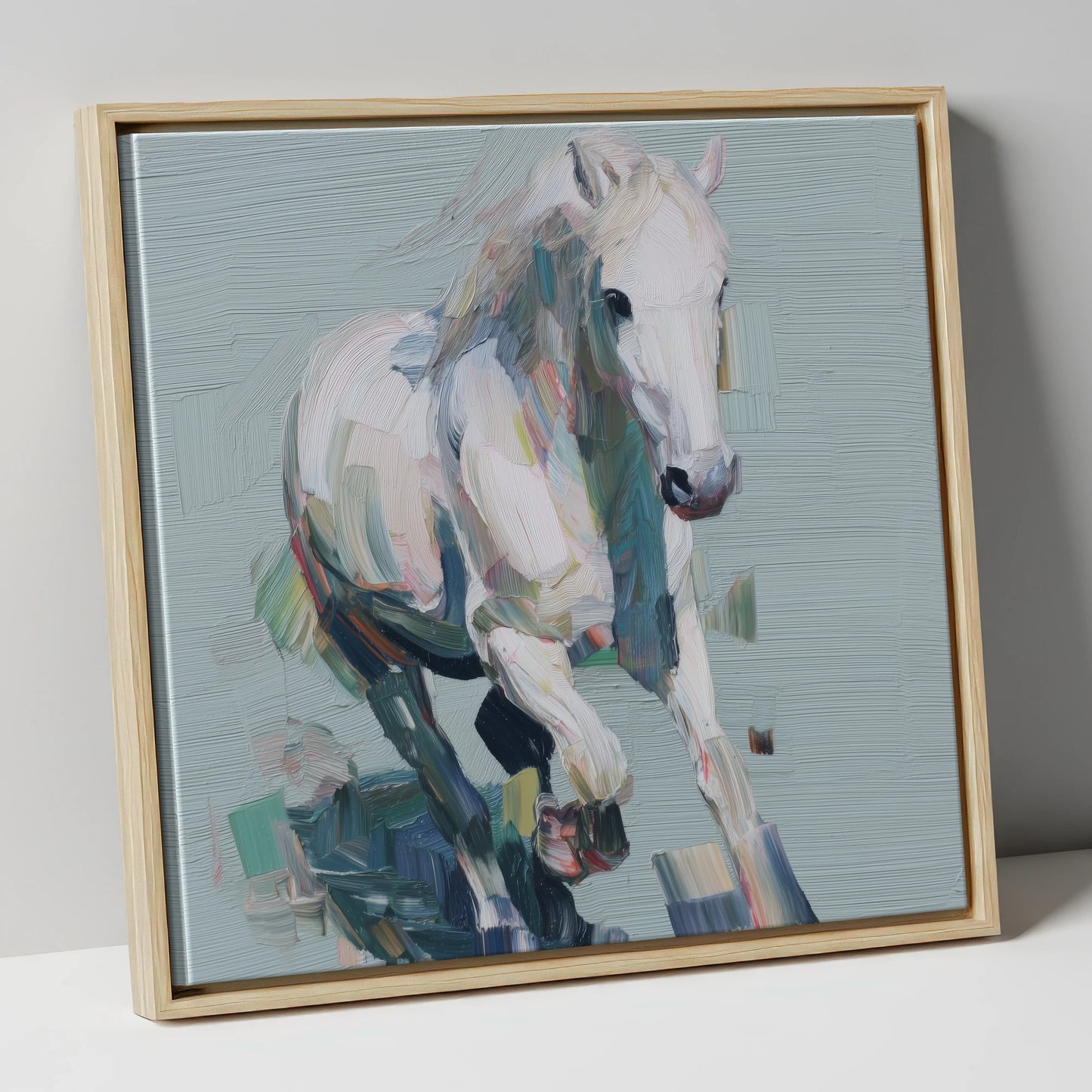Expressive Grey Canter horse breed canvas wall art in natural frame