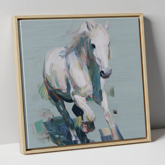 Expressive Grey Canter horse breed canvas wall art in natural frame