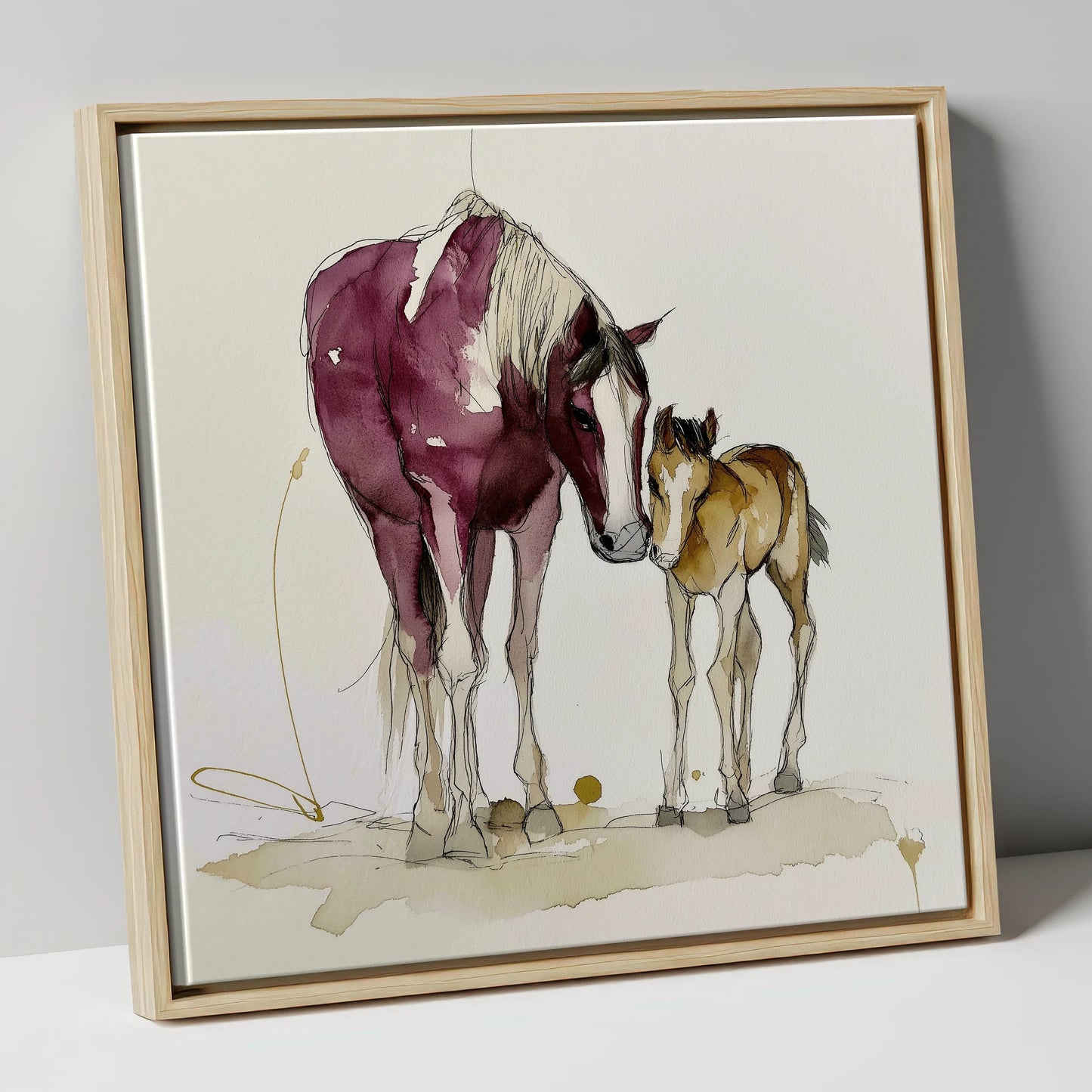 Painted Bond mare & foal canvas wall art in natural frame