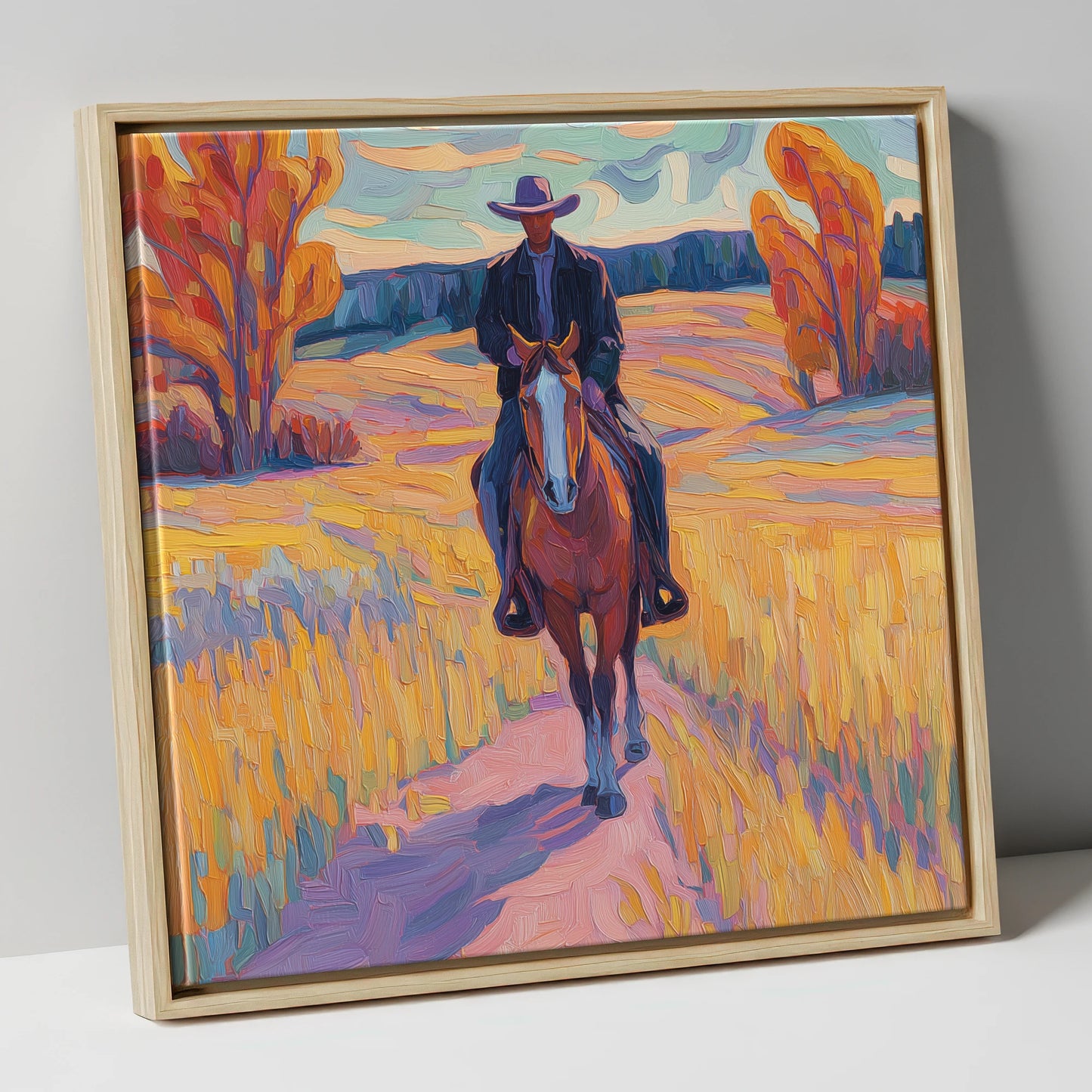 Vibrant Western Trail western horse canvas wall art in natural frame