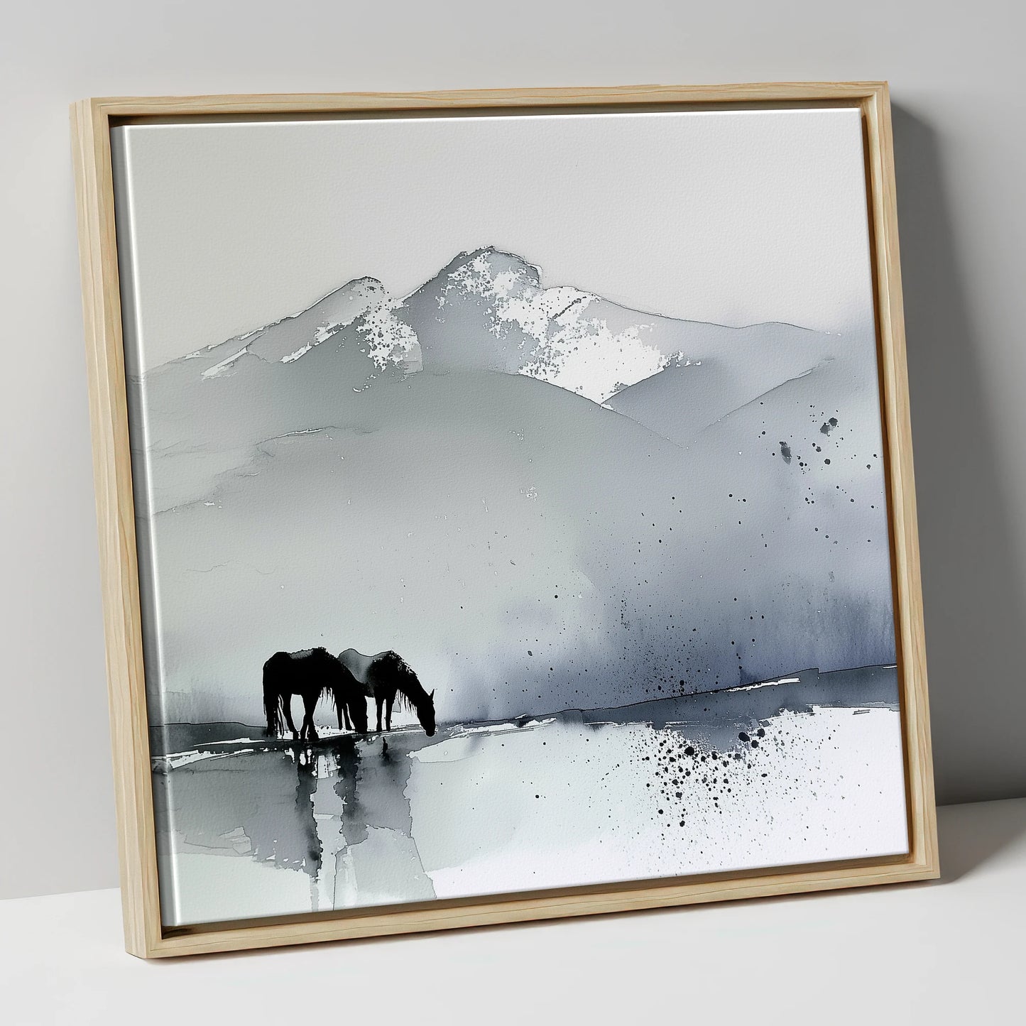 Mountain Mist Reflections horse landscape canvas wall art in natural frame