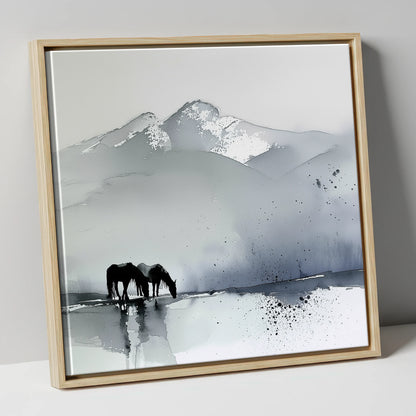 Mountain Mist Reflections horse landscape canvas wall art in natural frame