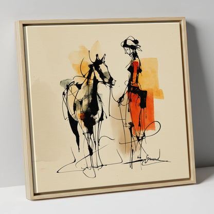 Tethered in Amber horse & rider canvas wall art in natural frame
