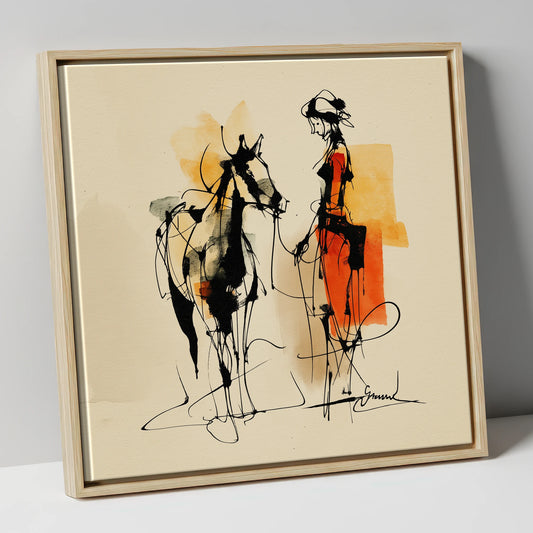 Tethered in Amber horse & rider canvas wall art in natural frame