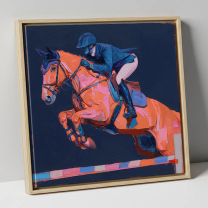 Vivid Flight show jumping horse canvas wall art in natural frame