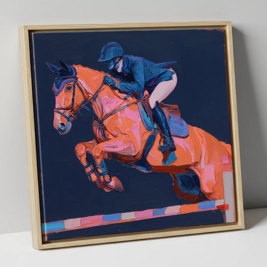 Vivid Flight show jumping horse canvas wall art in natural frame
