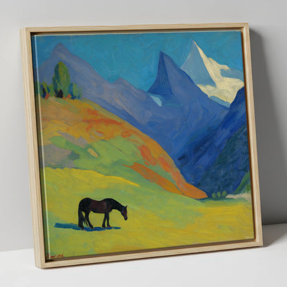 Vibrant Alpine Grazing horse landscape canvas wall art in natural frame