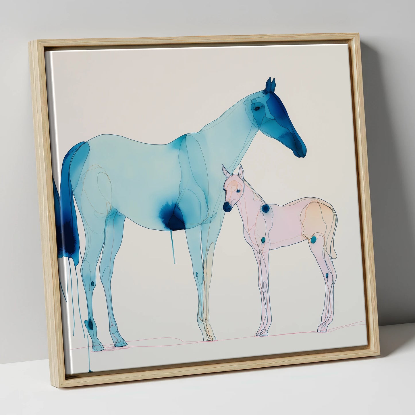 Cerulean Bond mare & foal canvas wall art in natural frame