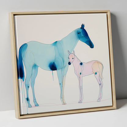Cerulean Bond mare & foal canvas wall art in natural frame