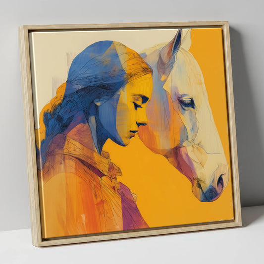Amber Embrace horse & rider canvas wall art in natural frame