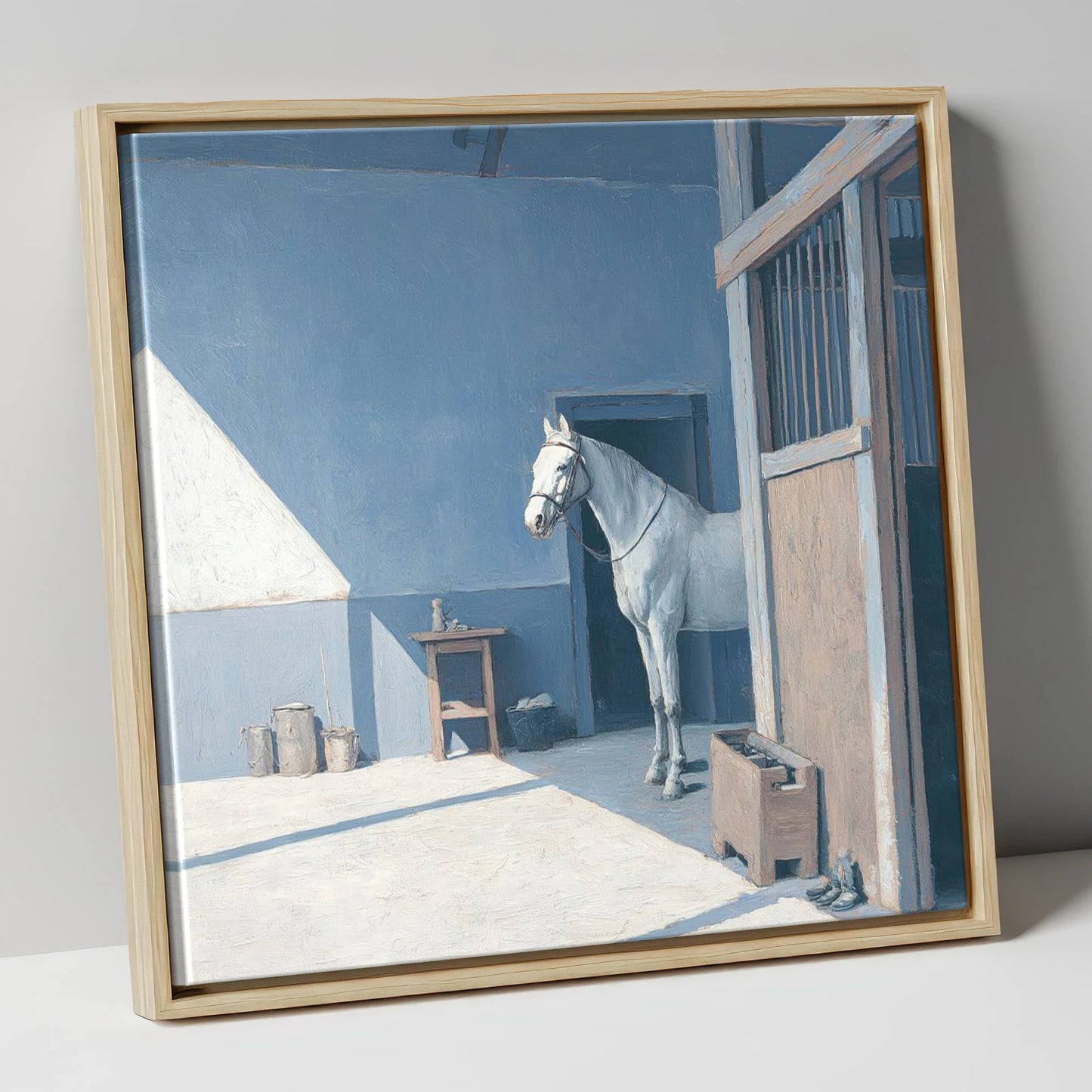 Quiet Morning Yard horse stable canvas wall art in natural frame