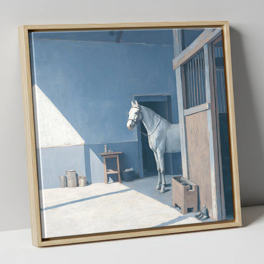 Quiet Morning Yard horse stable canvas wall art in natural frame