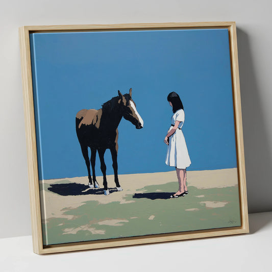 The Stillness Between Us horse & rider canvas wall art in natural frame