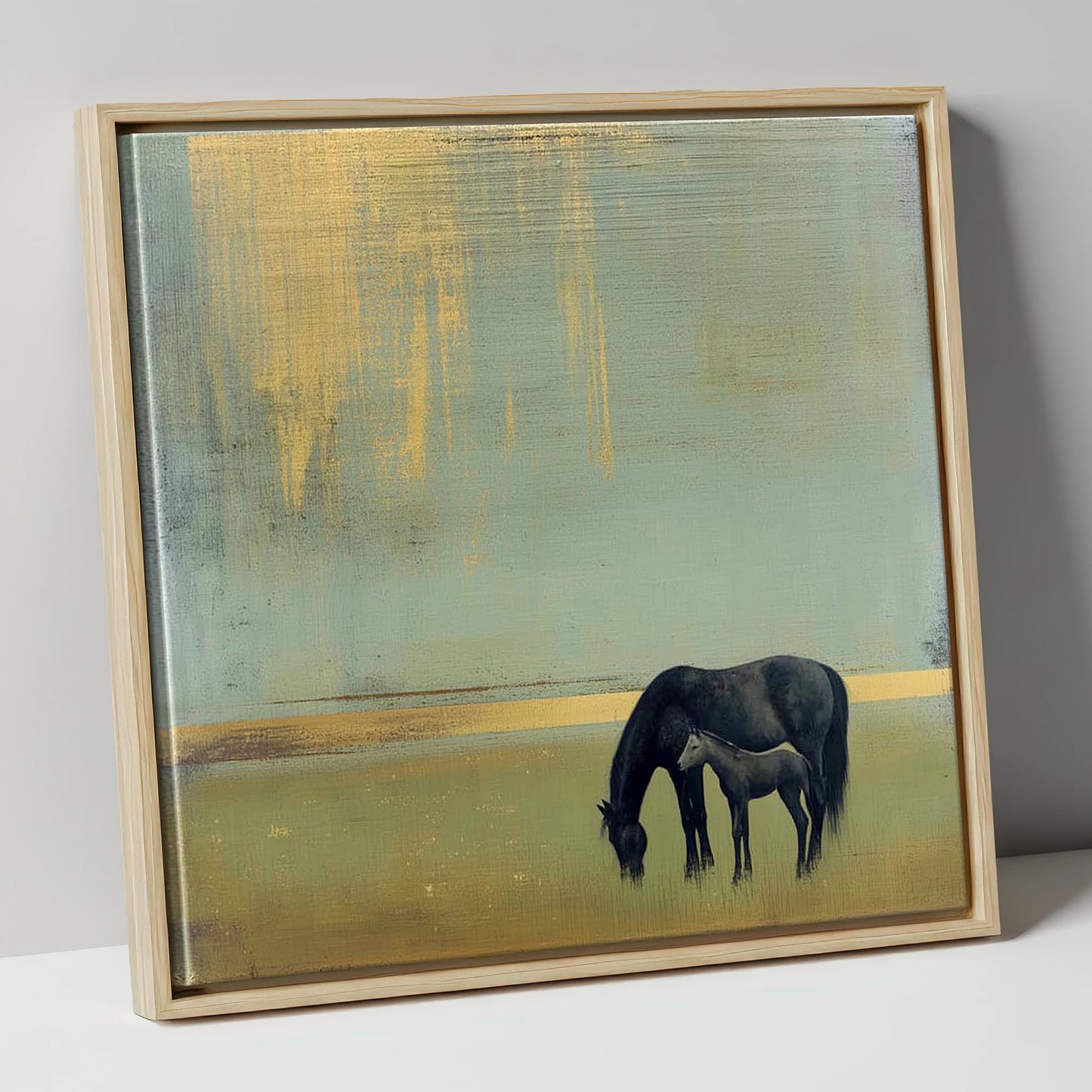 Gilded Serenity mare & foal canvas wall art in natural frame