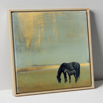 Gilded Serenity mare & foal canvas wall art in natural frame