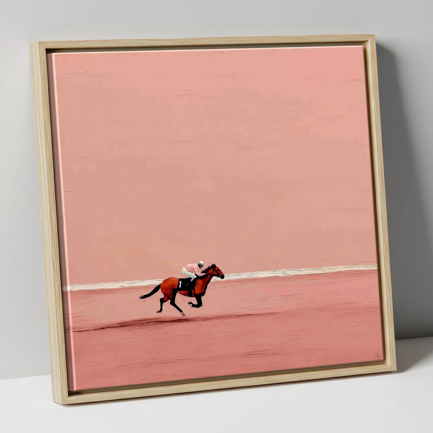 Dusty Rose Stretch racing horse canvas wall art in natural frame