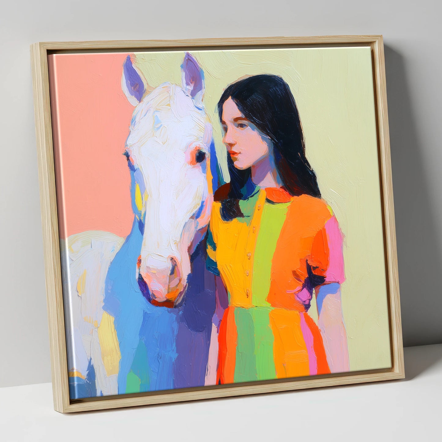 Vibrant Harmony horse & rider canvas wall art in natural frame