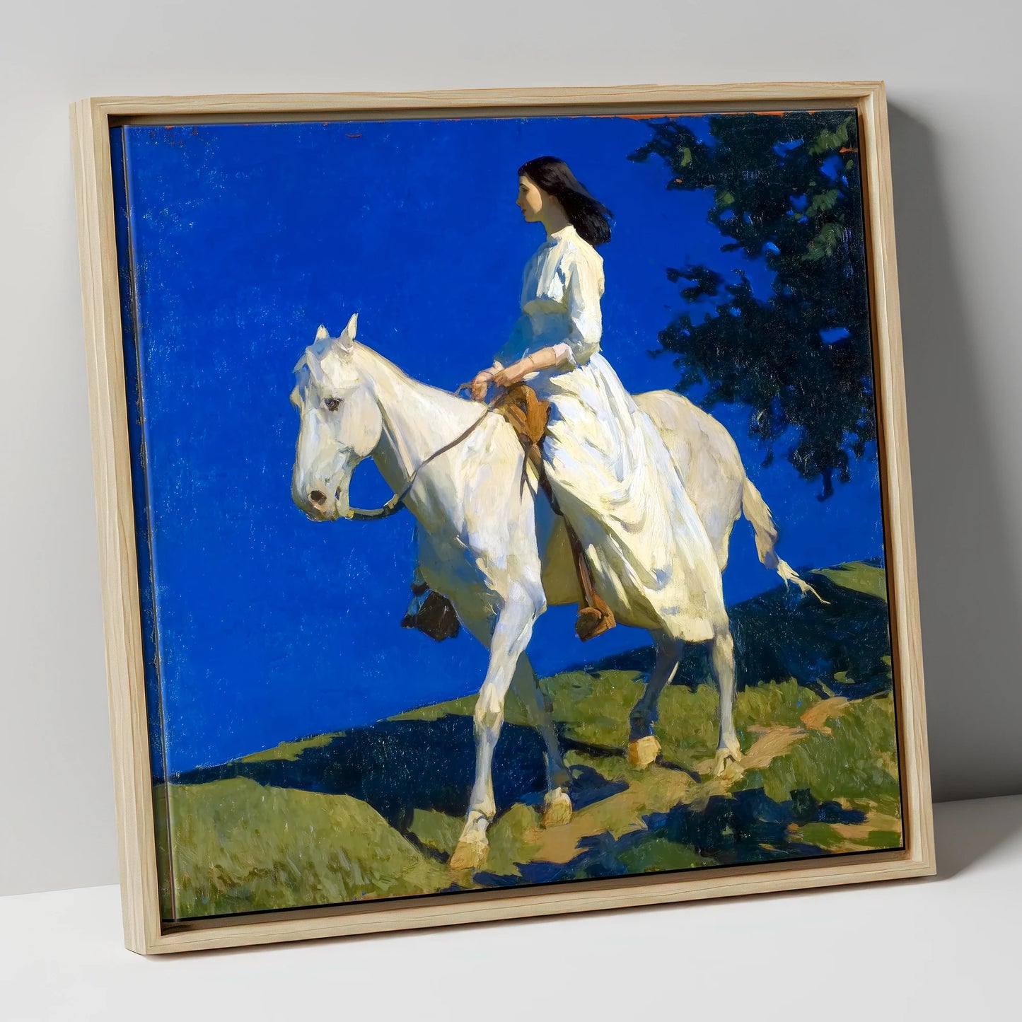 Grace Beneath Azure Skies horse & rider canvas wall art in natural frame