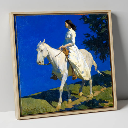 Grace Beneath Azure Skies horse & rider canvas wall art in natural frame