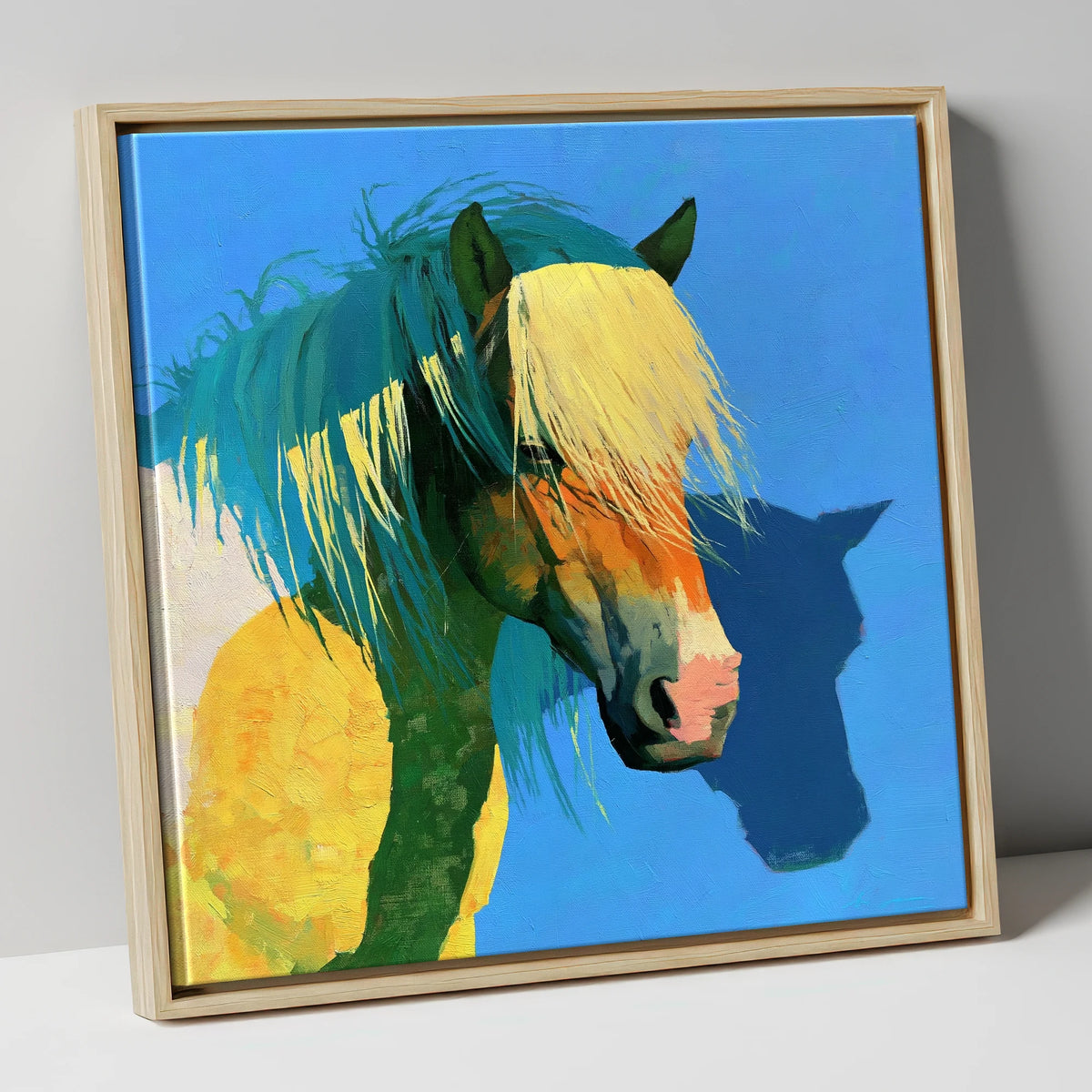Bold Yellow and Teal Horse horse breed canvas wall art in natural frame