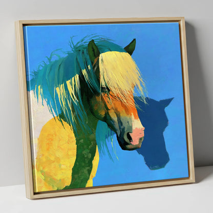 Bold Yellow and Teal Horse horse breed canvas wall art in natural frame