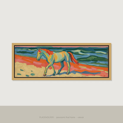 The Painted Shore Horse Landscape panoramic canvas wall art in natural float frame