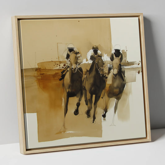The Home Straight racing horse canvas wall art in natural frame