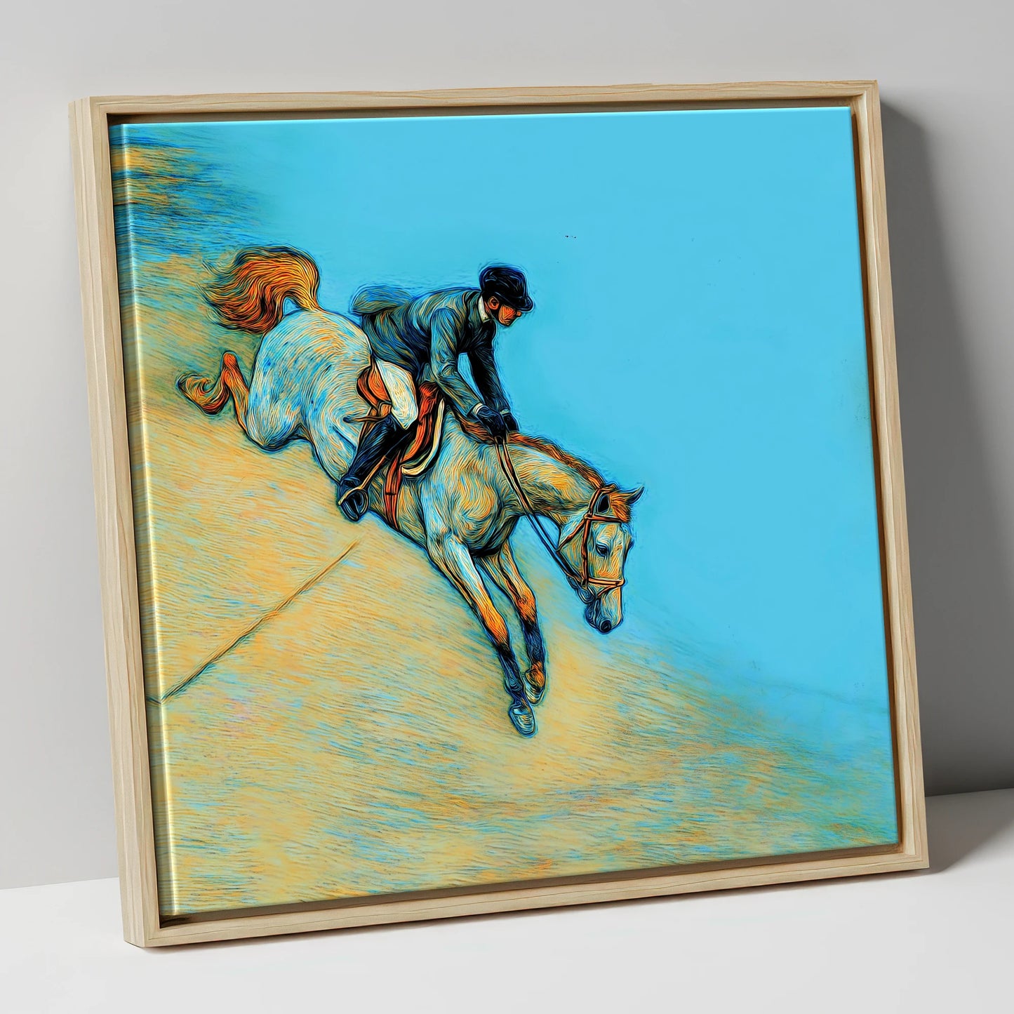 Bold Cerulean Flight show jumping horse canvas wall art in natural frame
