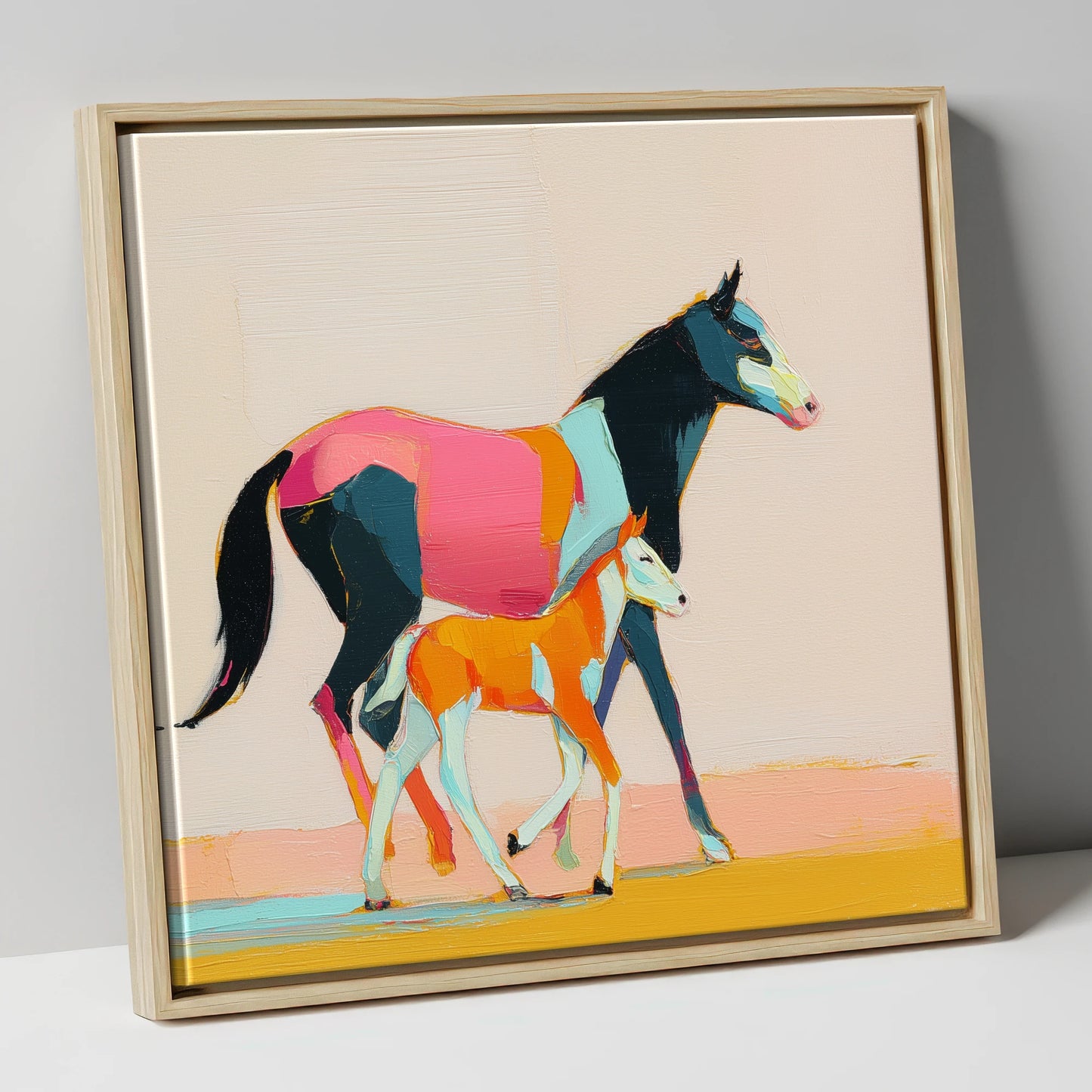 Vivid Strides mare & foal canvas wall art in natural frame