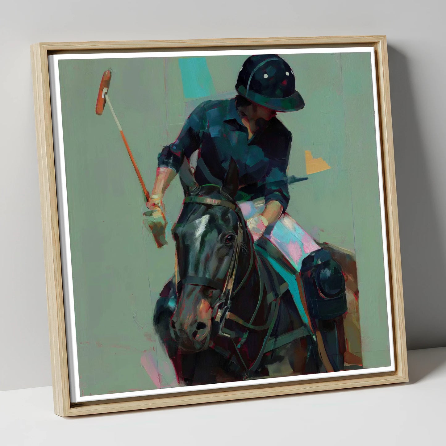 The Decisive Strike polo horse canvas wall art in natural frame