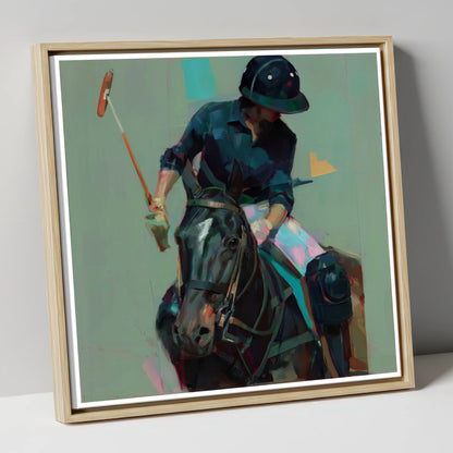 The Decisive Strike polo horse canvas wall art in natural frame