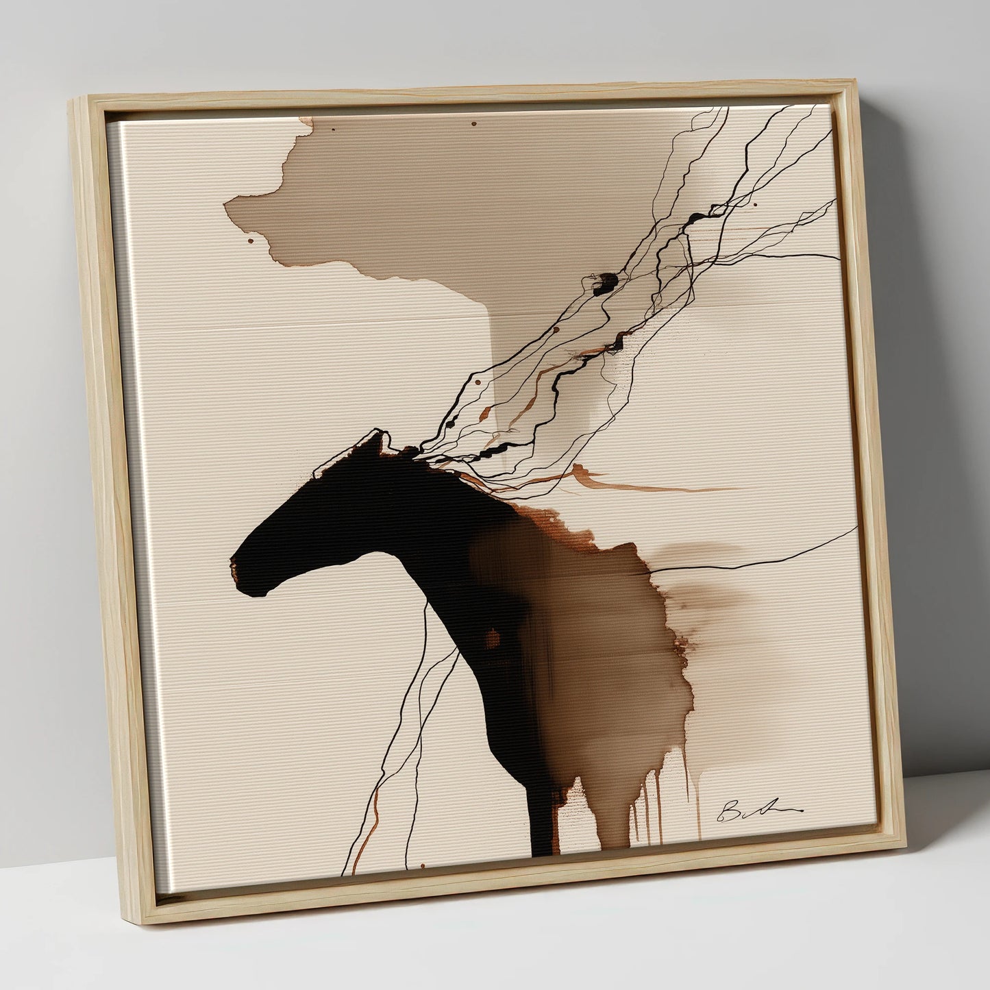 Fluid Sepia Silhouette horse portrait canvas wall art in natural frame